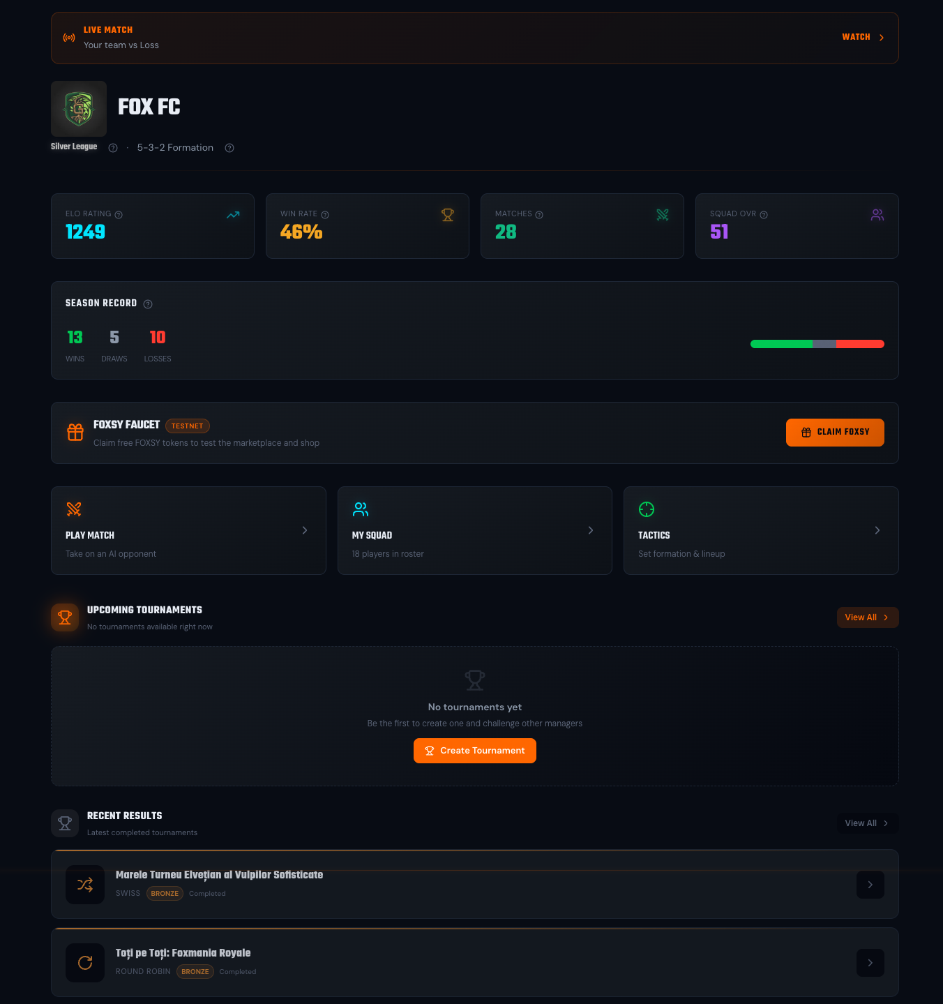Dashboard (your team, KPIs, season record, daily faucet, quick actions, upcoming tournaments)