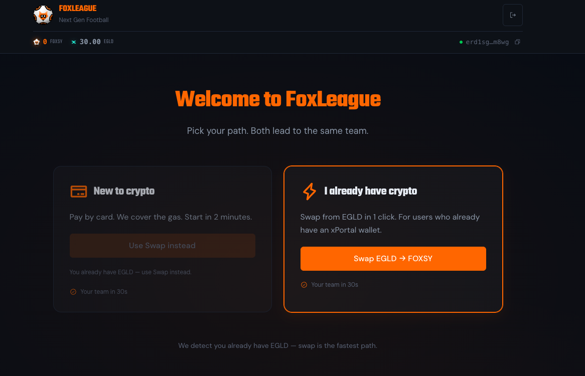 Onboarding splash with xEGLD detected and Swap path highlighted